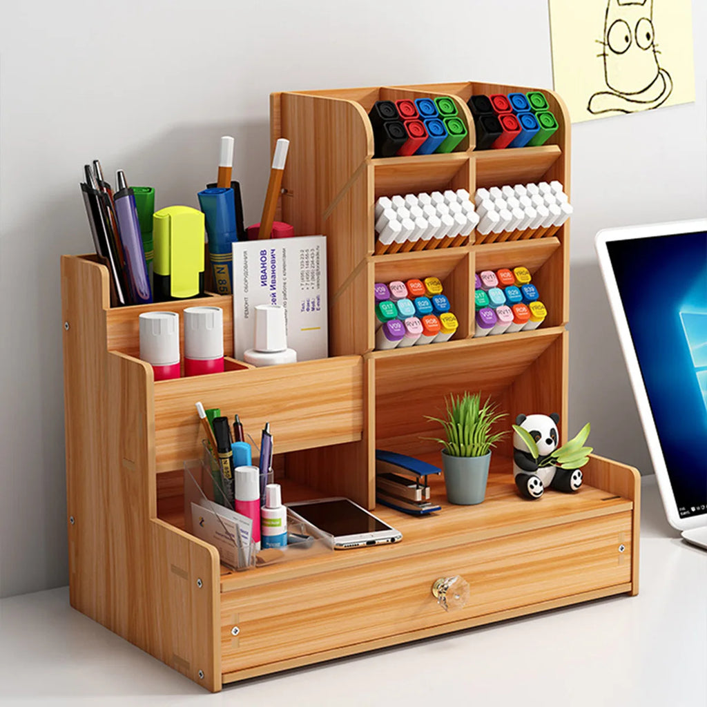 Simple Wooden Wooden Desk Organizer with Drawer – Pen Holder & Stationery
