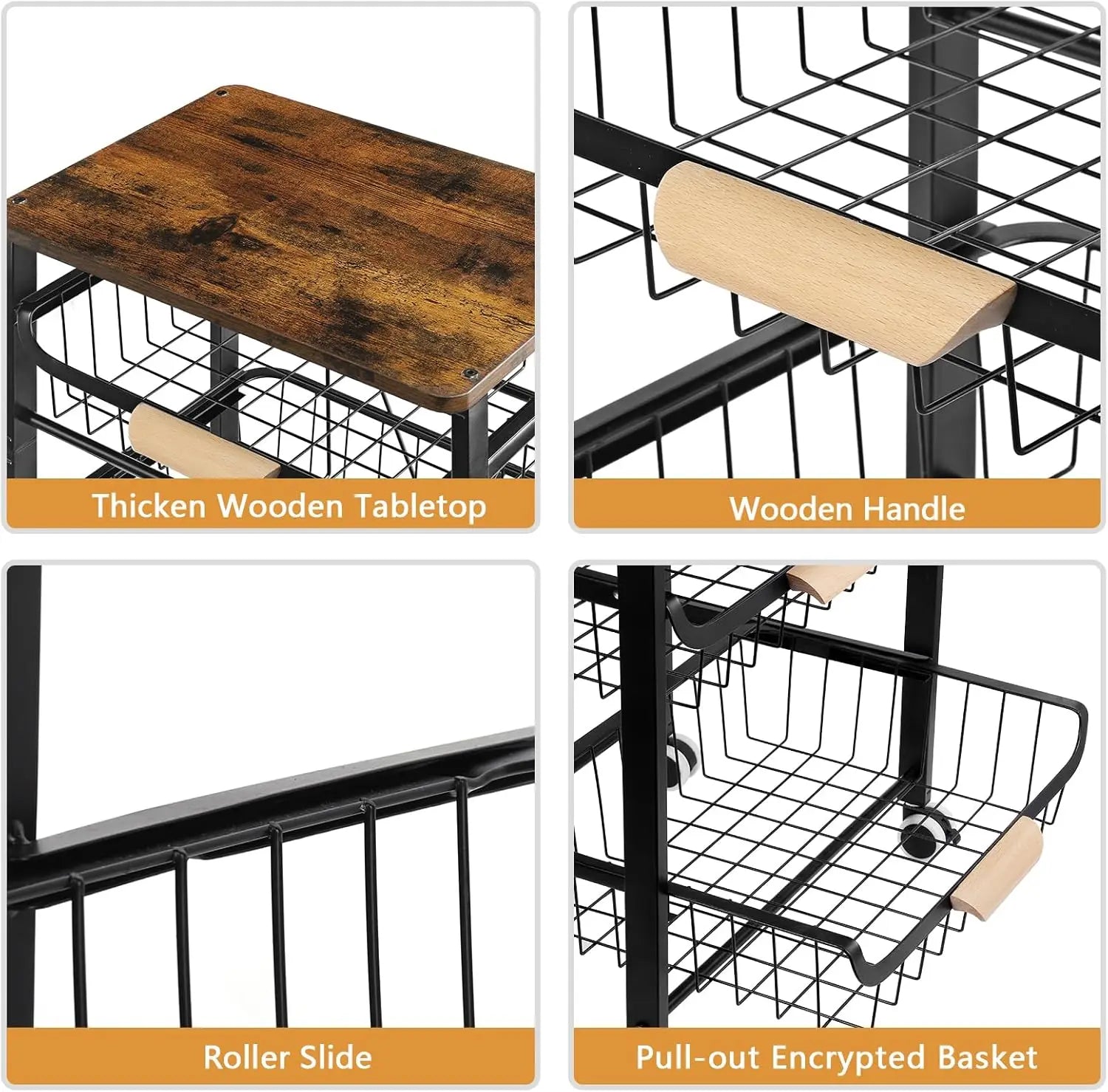 5-Tier Rolling Kitchen Cart with Wooden Top – Metal Storage Basket Organizer