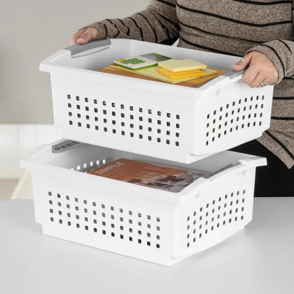 Stackable Plastic Storage Bin – Open Basket Organizer with Handles product image