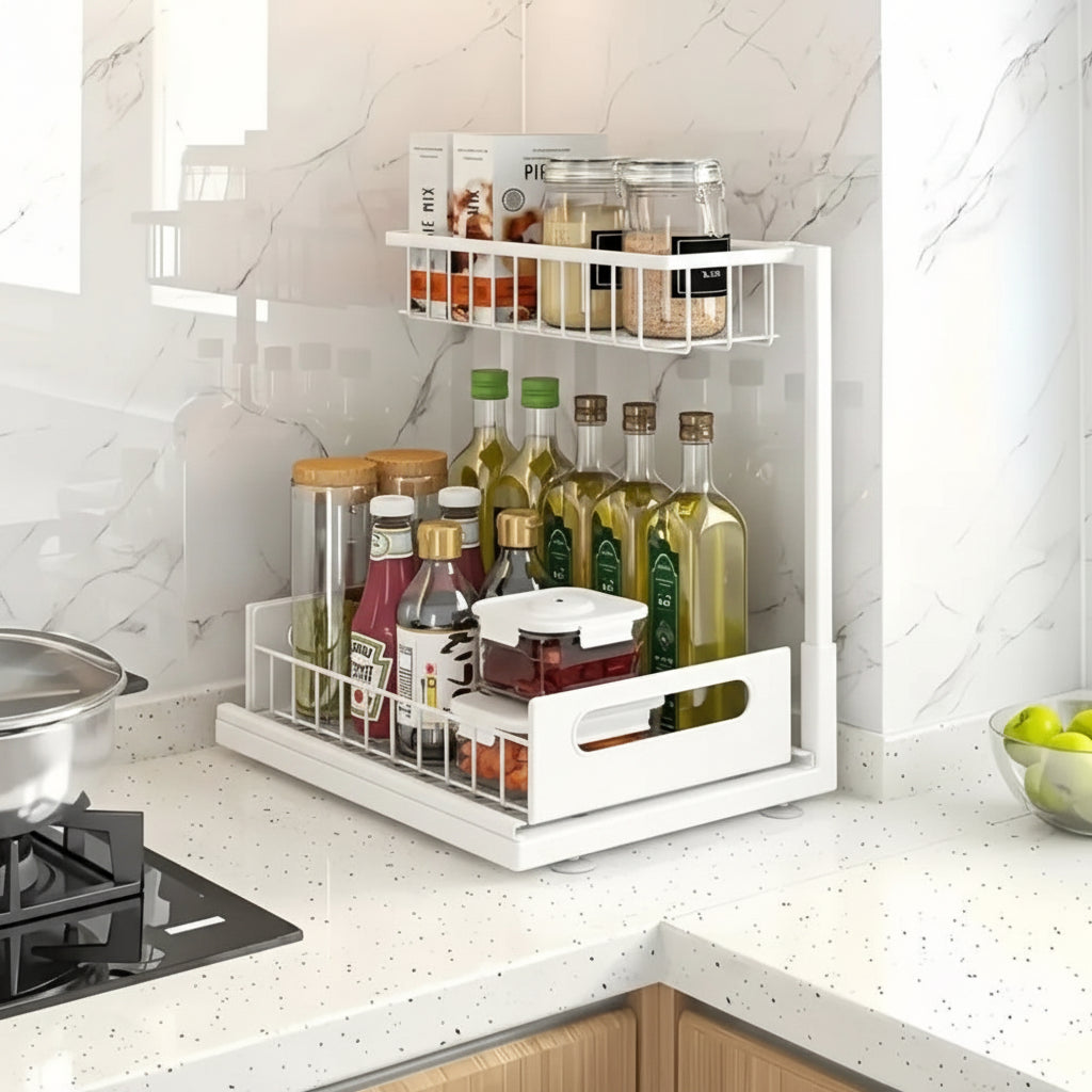 Kitchen & Bathroom  |  2-Tier Pull-Out Cabinet Organizer – No-Drill Sliding Under Sink Storage Drawer for Cleaning Supplies, Detergent & Spray Bottles | White