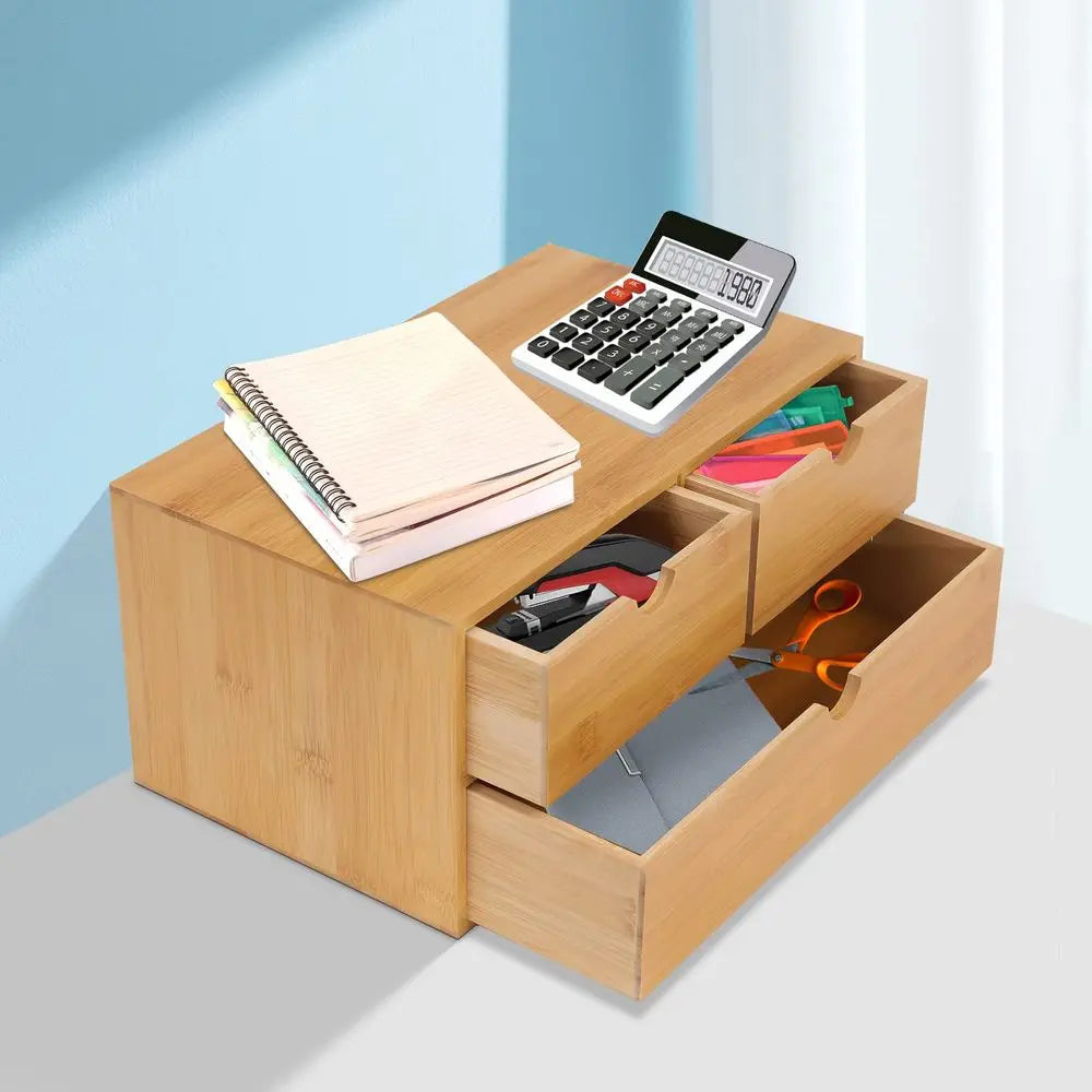 Bamboo Desk Organizer with 3 Drawers – Tabletop Storage Box for Office, Makeup & Home | No Assembly