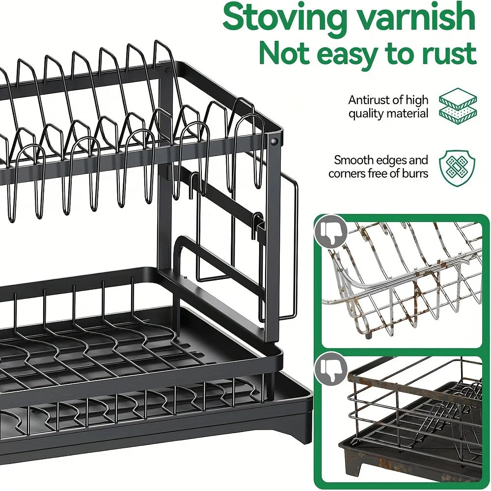 2-Tier Dish Drying Rack with Drainboard – Space-Saving Kitchen Dish Organizer