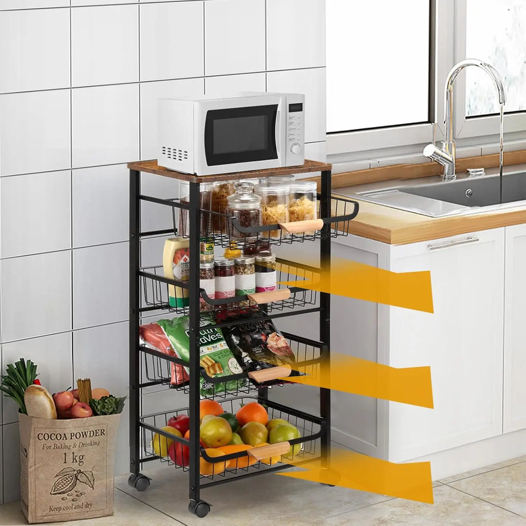 5-Tier Rolling Kitchen Cart with Wooden Top – Metal Storage Basket Organizer