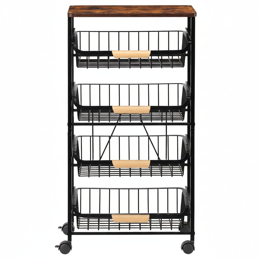 5-Tier Rolling Kitchen Cart with Wooden Top – Metal Storage Basket Organizer