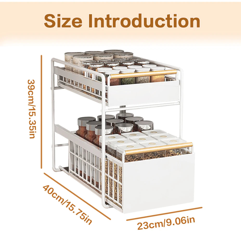 2-Tier Pull-Out Cabinet Organizer – Under Sink Sliding Storage Drawer with Hooks