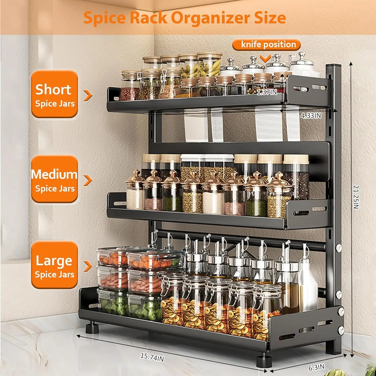 3-Tier Adjustable Vertical Spice Rack Organizer – Rustproof Metal Kitchen Storage product