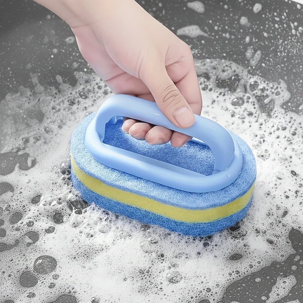 Tile Sponge Cleaning Brush – Microfiber Scrub Brush with Built-In Handle
