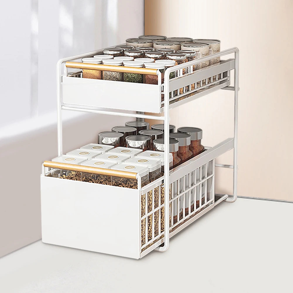 2-Tier Pull-Out Cabinet Organizer – Under Sink Sliding Storage Drawer with Hooks