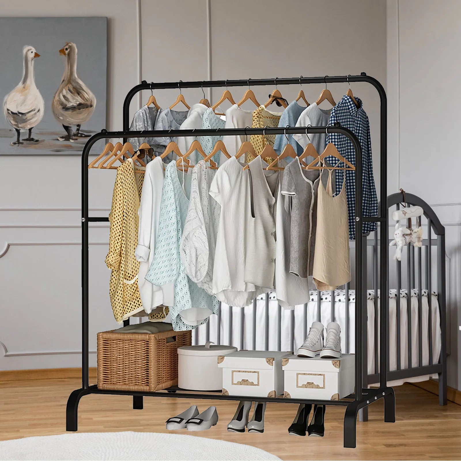 Double Rod Clothes Rack with Shelves – Metal Garment Rack Organizer product