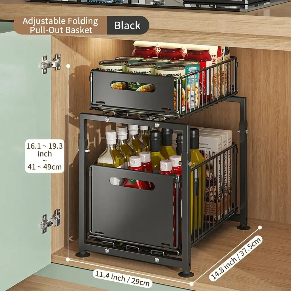 No drill 2-Tier Pull-Out Cabinet Organizer – Sliding Under Sink Storage Drawer | Kitchen, Bathroom  | Black