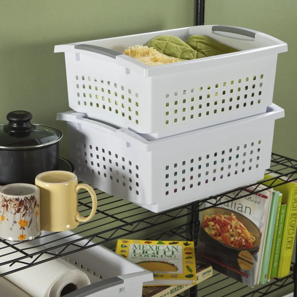Stackable Plastic Storage Bin – Open Basket Organizer with Handles