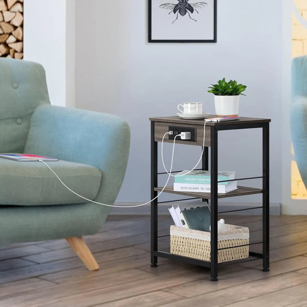 3-Tier Nightstand with Charging Station – Bedside Table with USB Ports and