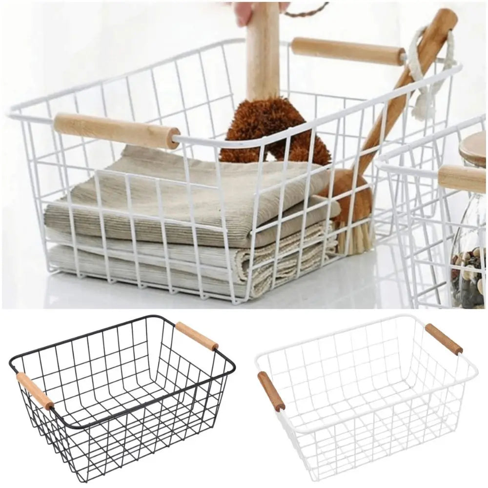 4-Pack Wire Metal Storage Basket – Iron Wire Rectangle Organizer with Wood Handle | Black or White
