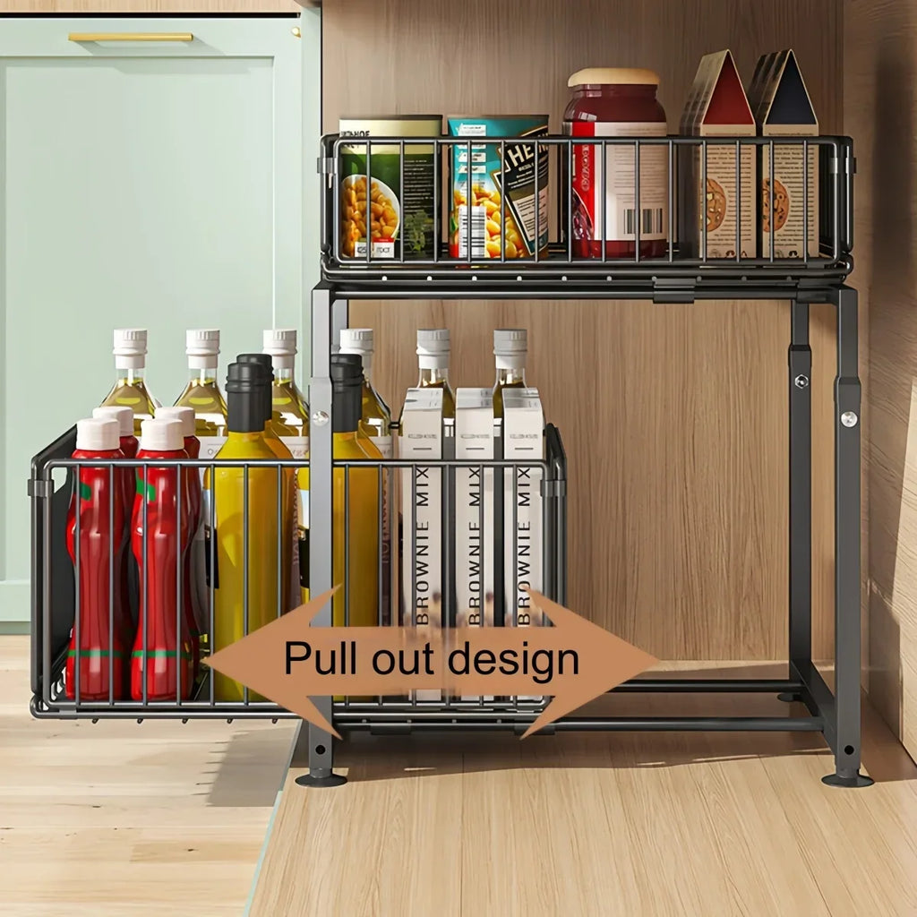 No drill 2-Tier Pull-Out Cabinet Organizer – Sliding Under Sink Storage Drawer | Kitchen, Bathroom  | Black