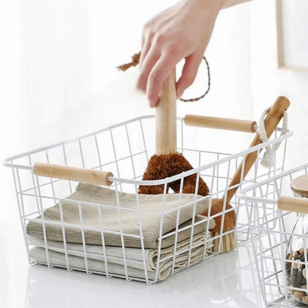 4-Pack Wire Metal Storage Basket – Iron Wire Rectangle Organizer with Wood Handle | Black or White