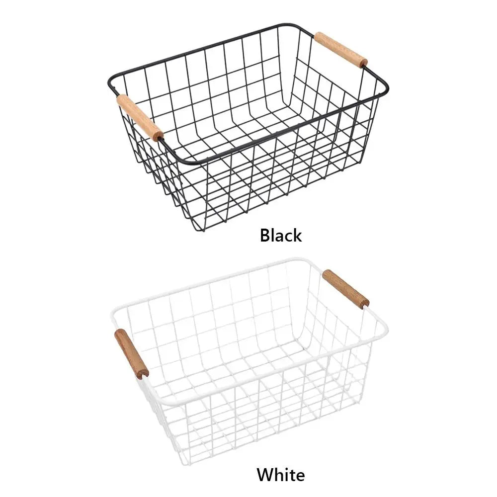 4-Pack Wire Metal Storage Basket – Iron Wire Rectangle Organizer with Wood Handle | Black or White