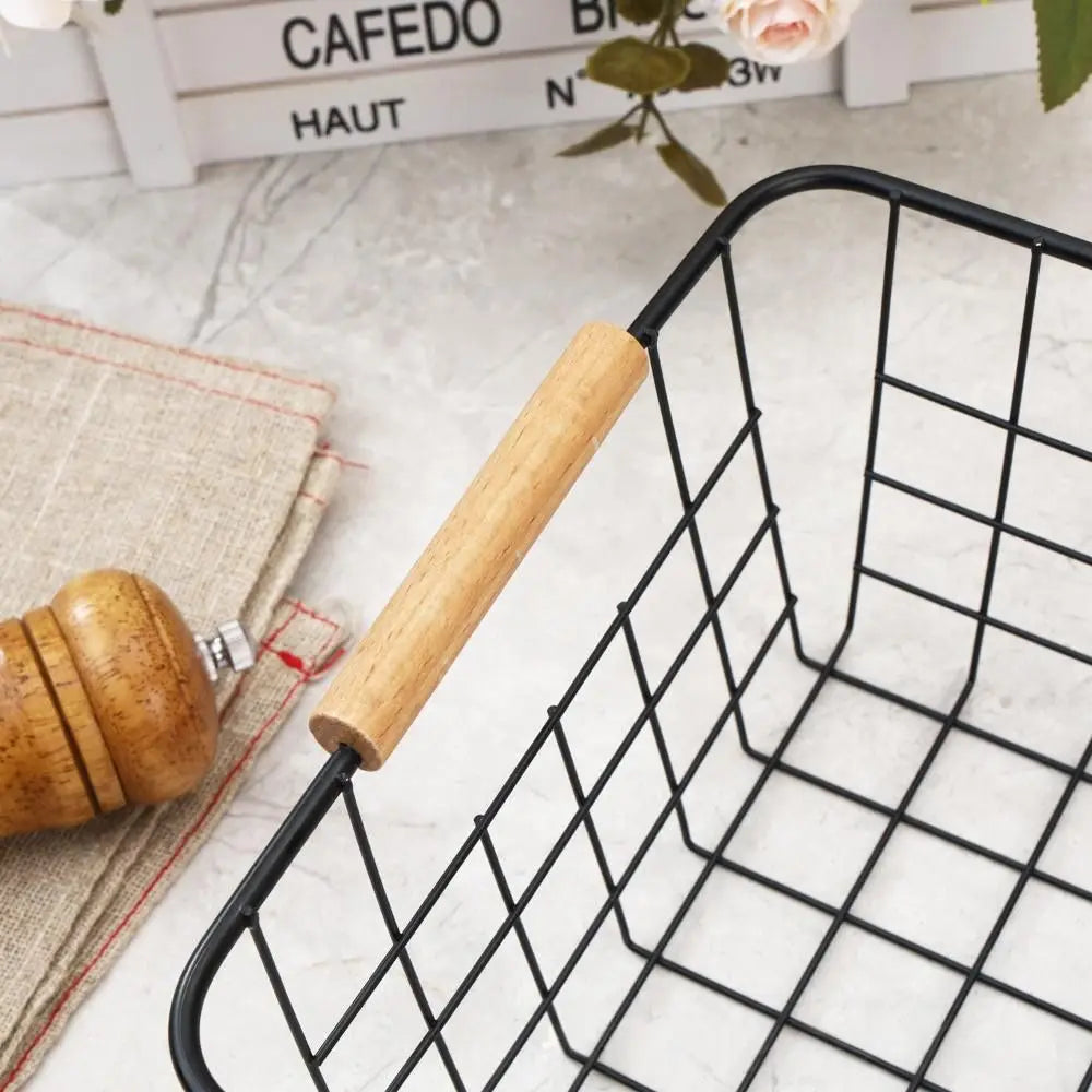 4-Pack Wire Metal Storage Basket – Iron Wire Rectangle Organizer with Wood Handle | Black or White