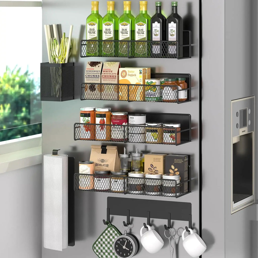 7-Piece Magnetic Spice Rack for Refrigerator – Metal Storage Shelves with Hooks