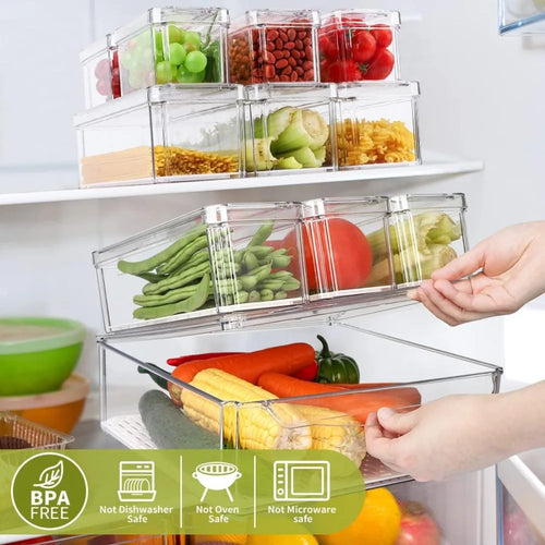 10-Pack Refrigerator Organizer Bins with Lids – Stackable Clear Fridge & Pantry