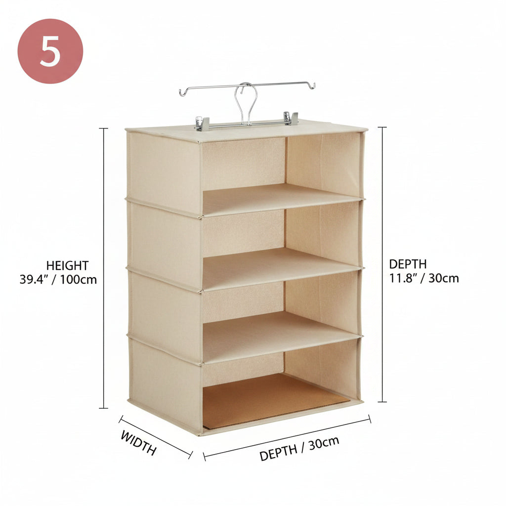 Hanging Closet Organizer with hooks – 5-Tier Foldable Wardrobe Storage Shelf | Grey