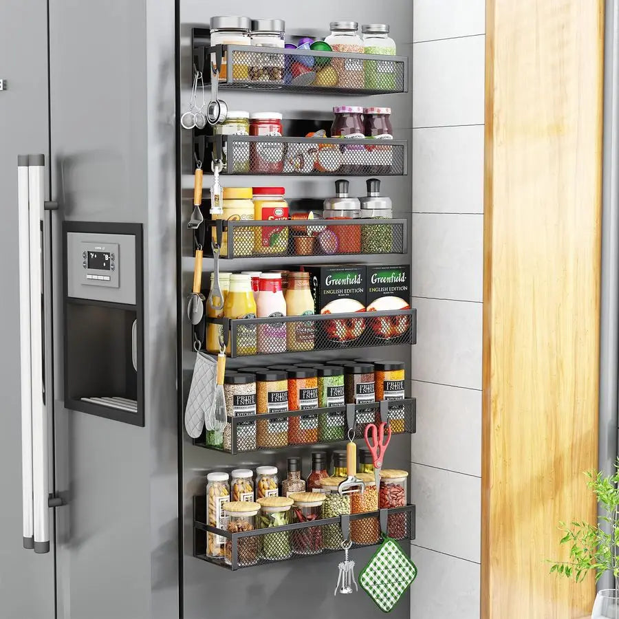 6-Pack Magnetic Spice Rack Organizer – Strong Metal Fridge Storage Shelves