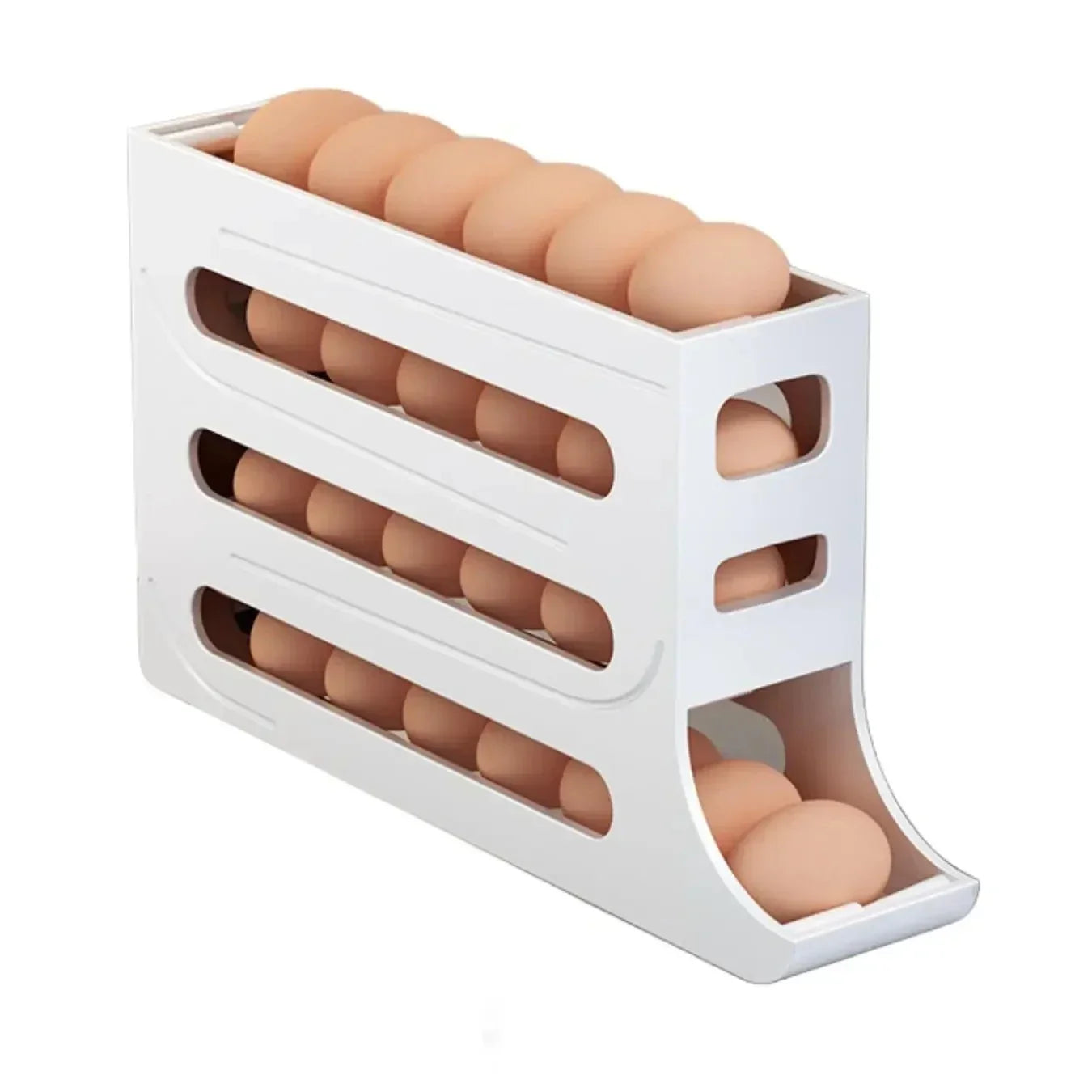 View of 4-Layer Automatic Rolling Egg Storage Rack – Refrigerator Egg Organizer