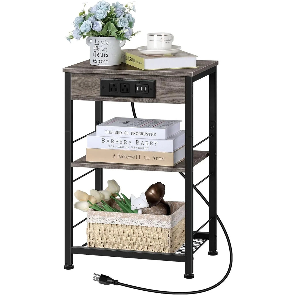 3-Tier Nightstand with Charging Station – Bedside Table with USB Ports and