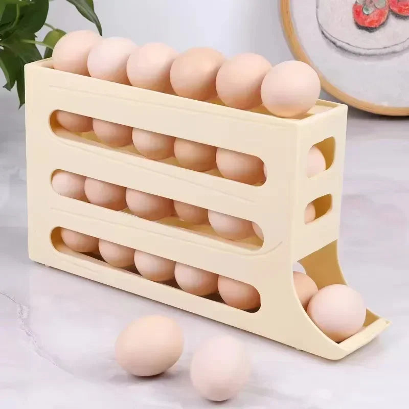 View of 4-Layer Automatic Rolling Egg Storage Rack – Refrigerator Egg Organizer