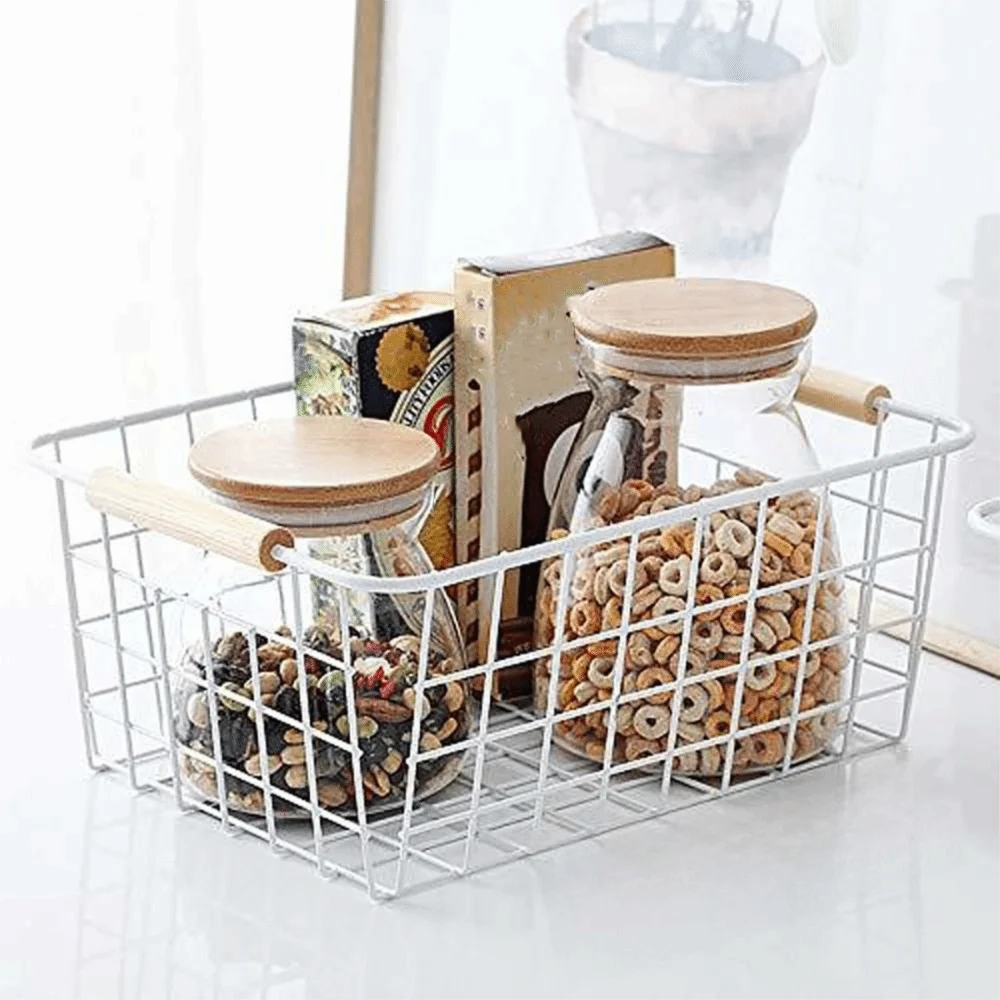 4-Pack Wire Metal Storage Basket – Iron Wire Rectangle Organizer with Wood Handle | Black or White