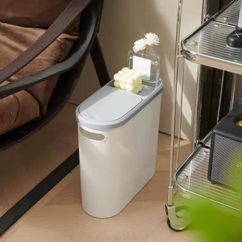 View of Slim Bathroom Trash Can with Lid – Modern Space-Saving Waste