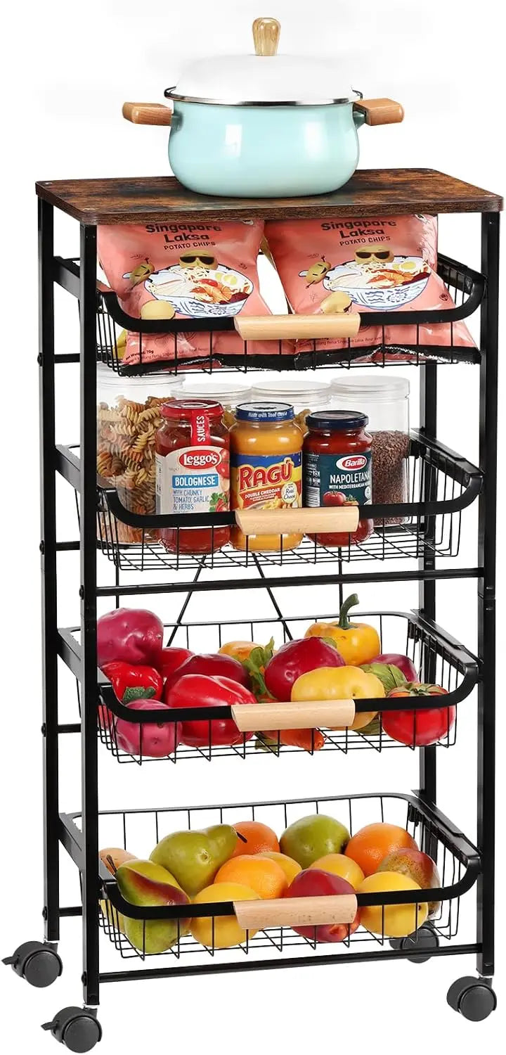 5-Tier Rolling Kitchen Cart with Wooden Top – Metal Storage Basket Organizer