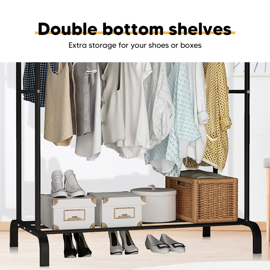 View of Double Rod Clothes Rack with Shelves – Metal Garment Rack