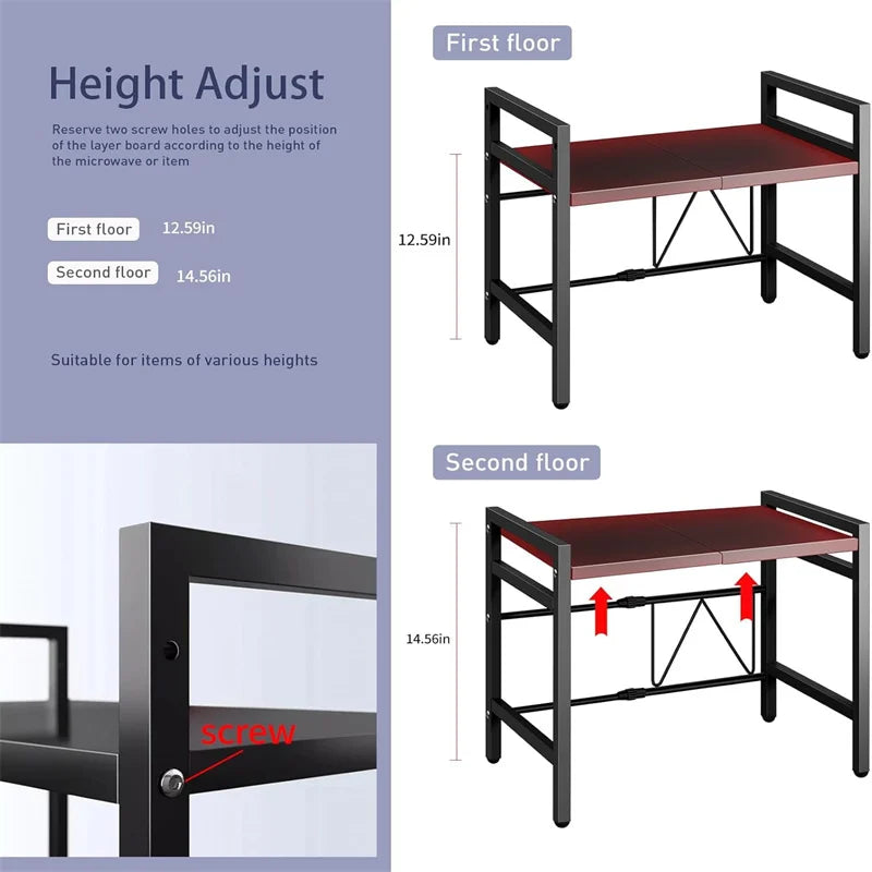 Adjustable width Microwave Rack – Space-Saving Kitchen Counter Shelf with Hooks