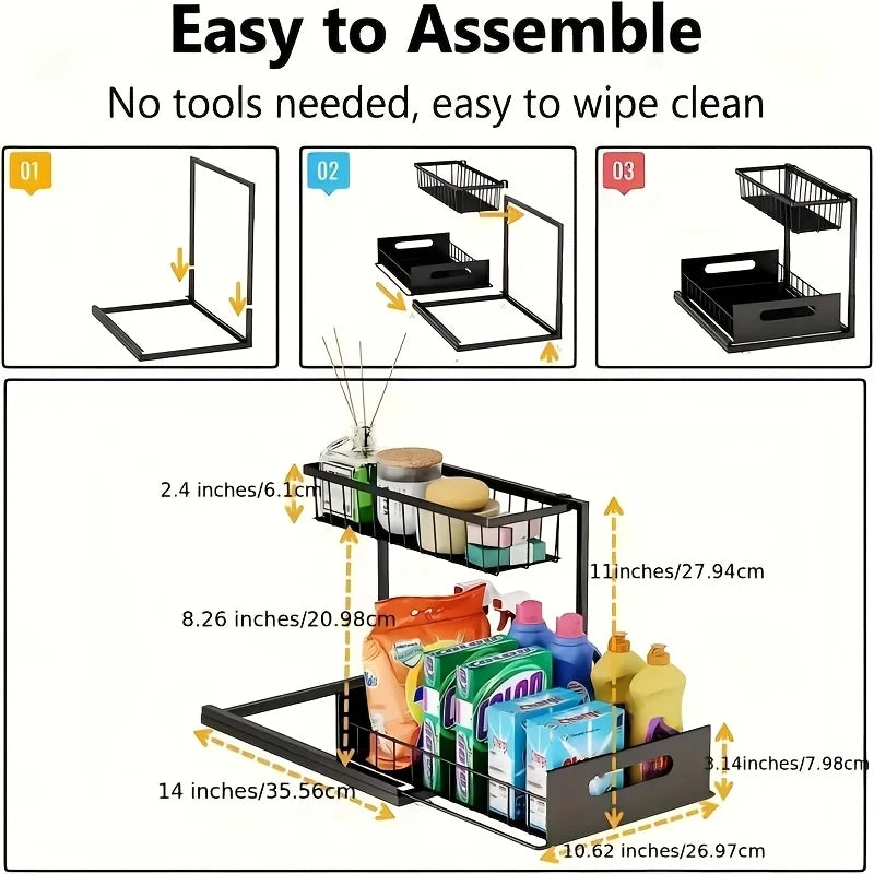 Kitchen & Bathroom  |  2-Tier Pull-Out Cabinet Organizer – No-Drill Sliding Under Sink Storage Drawer for Cleaning Supplies, Detergent & Spray Bottles | White