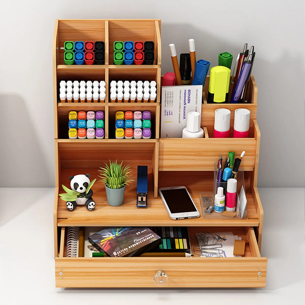 Simple Wooden Wooden Desk Organizer with Drawer – Pen Holder & Stationery