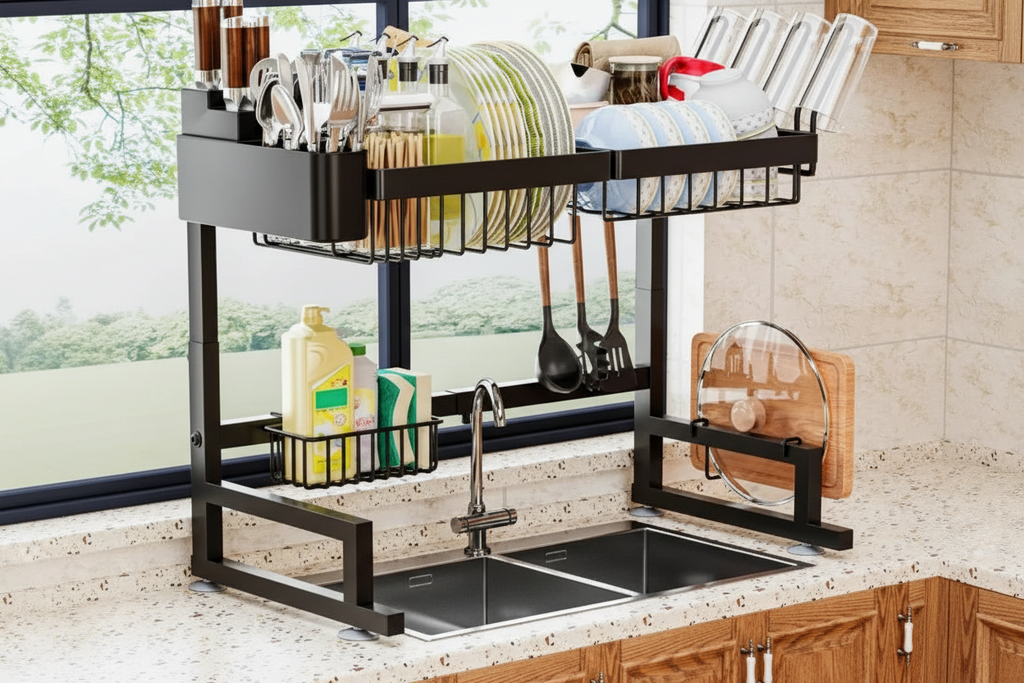 View of Adjustable Width Over Sink Dish Drying Rack – Expandable Kitchen
