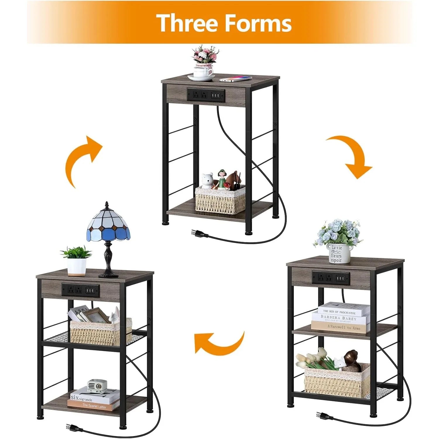 3-Tier Nightstand with Charging Station – Bedside Table with USB Ports and