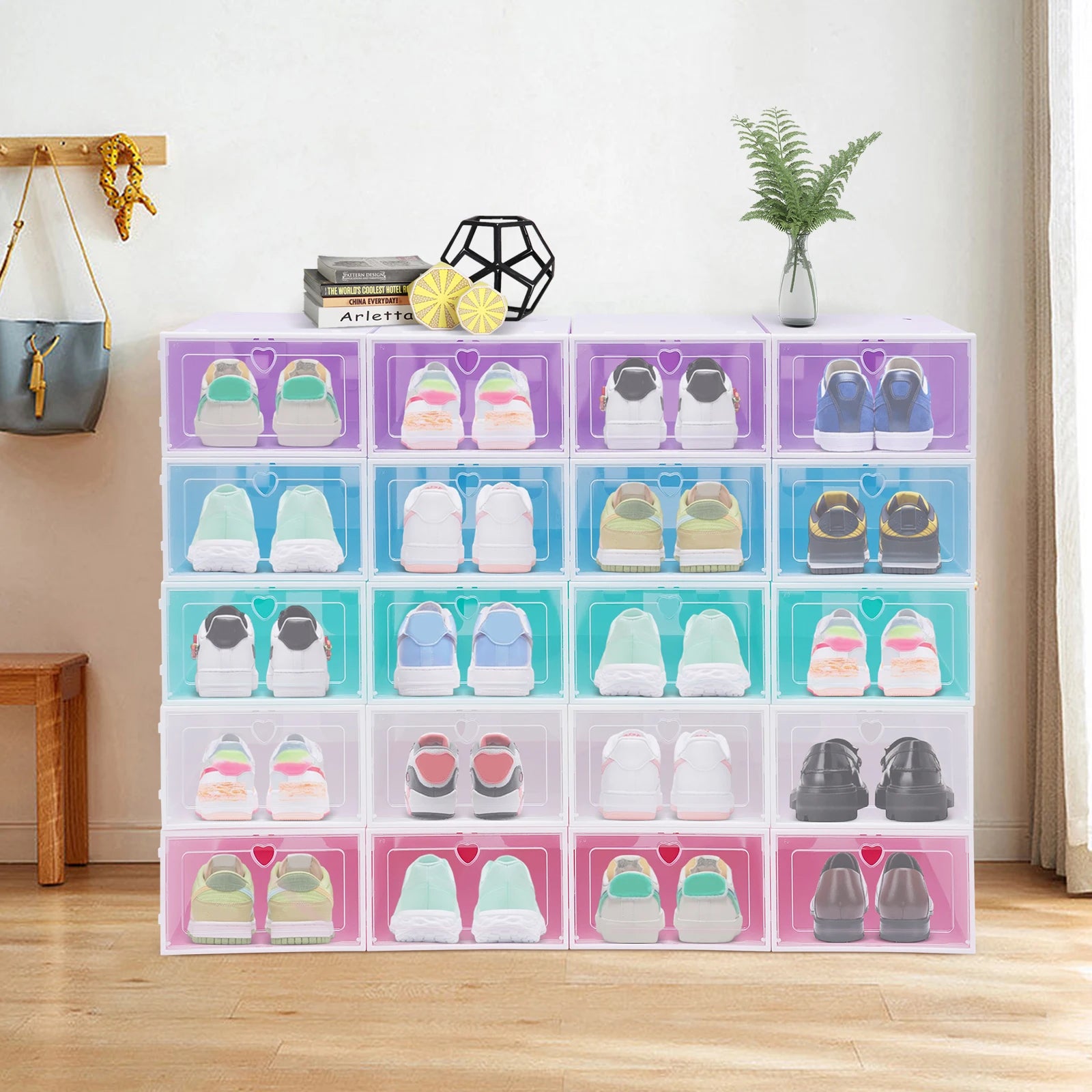 View of 20PCS Foldable Shoe Storage Boxes with Lids – Stackable Clear
