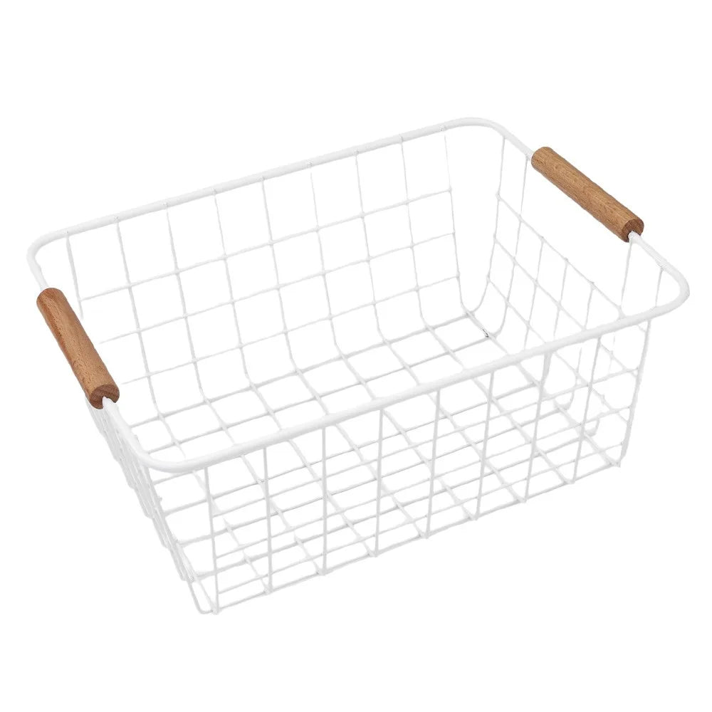 4-Pack Wire Metal Storage Basket – Iron Wire Rectangle Organizer with Wood Handle | Black or White