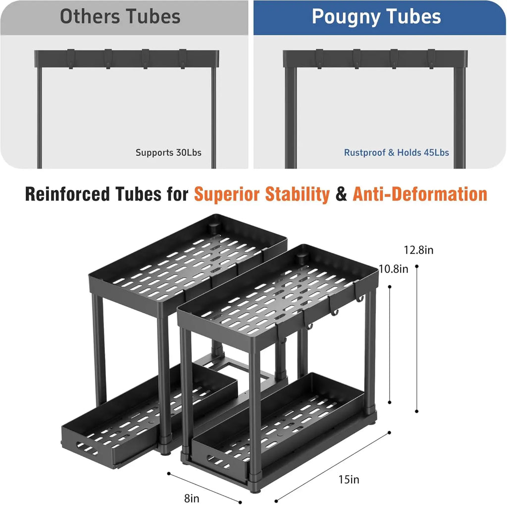No drill Pull-Out Under Sink Storage Organizer – Sliding Two-Tier Cabinet Organizer for Kitchen & Bathroom | Black