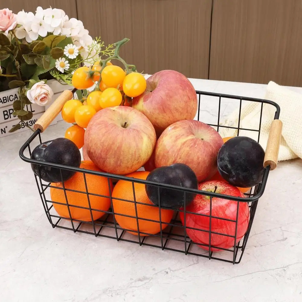 4-Pack Wire Metal Storage Basket – Iron Wire Rectangle Organizer with Wood Handle | Black or White