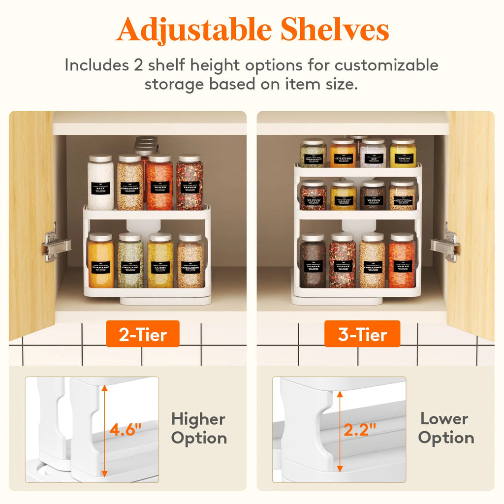 Pull-Out Rotating Spice Rack Organizer for Cabinet – Adjustable 3-Tier Kitchen Spice