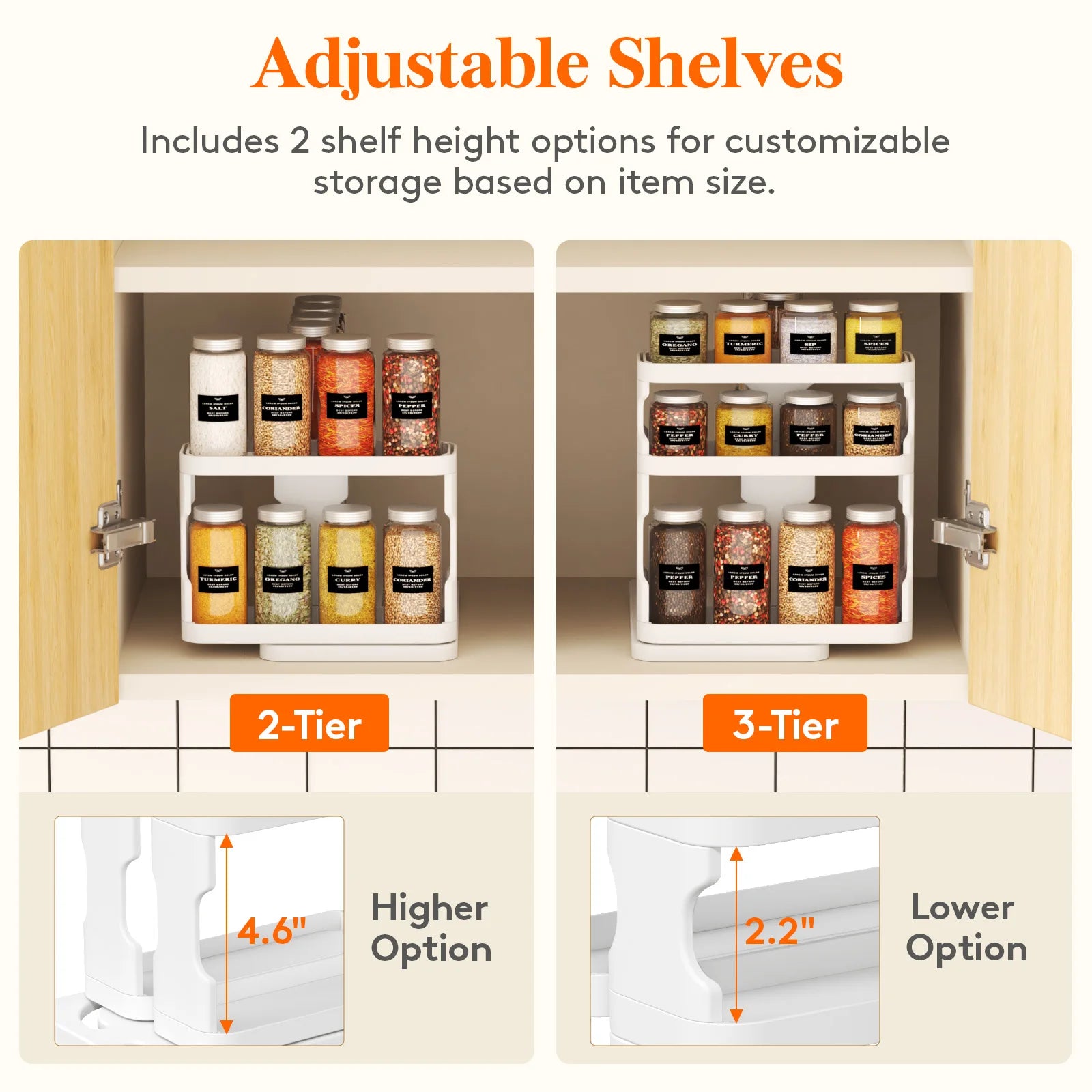 Pull-Out Rotating Spice Rack Organizer for Cabinet – Adjustable 3-Tier Kitchen Spice
