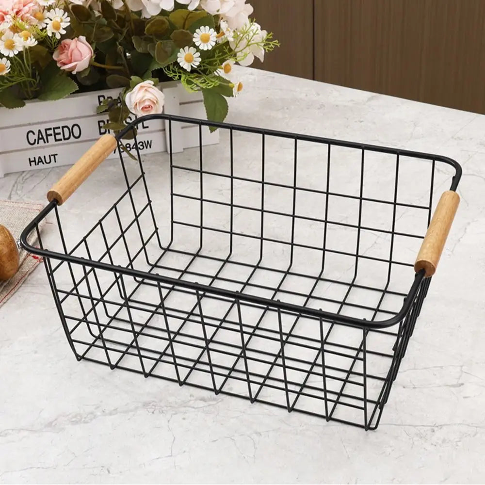 4-Pack Wire Metal Storage Basket – Iron Wire Rectangle Organizer with Wood Handle | Black or White