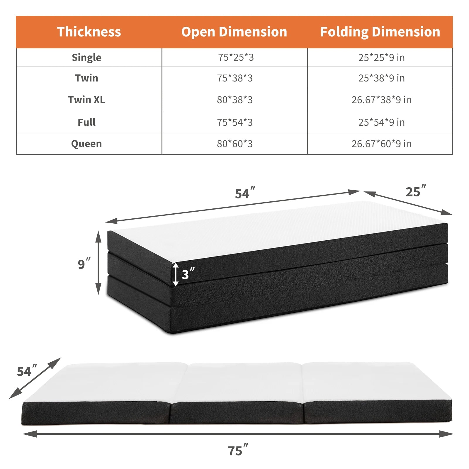 Three Fold Portable Floor Mattress – Tri-Fold Foldable Sleeping Mattress for Home