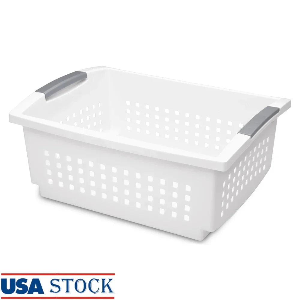 View of Stackable Plastic Storage Bin – Open Basket Organizer with Handles