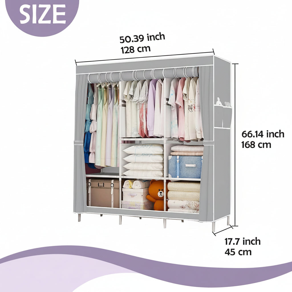 Portable Wardrobe Closet – Large Capacity Clothes Storage Organizer with Hanging Rod & Shelves | Gray