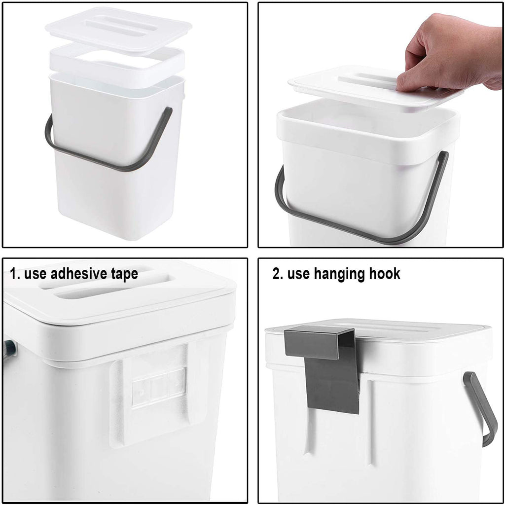 3L Hanging Kitchen Trash Can with Lid – Under-Sink Cabinet Door Garbage Bin with hanging Hook | Food Waste & Compost | Space-Saving | White