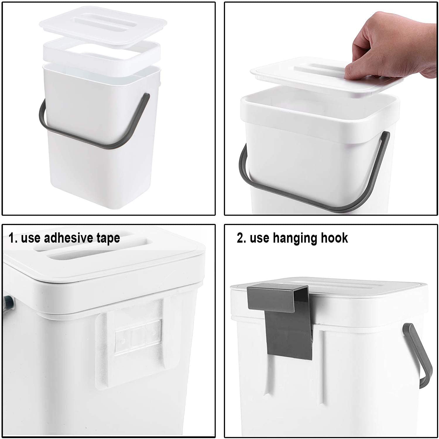3L Hanging Kitchen Trash Can with Lid – Under-Sink Cabinet Door Garbage Bin with hanging Hook | Food Waste & Compost | Space-Saving | White